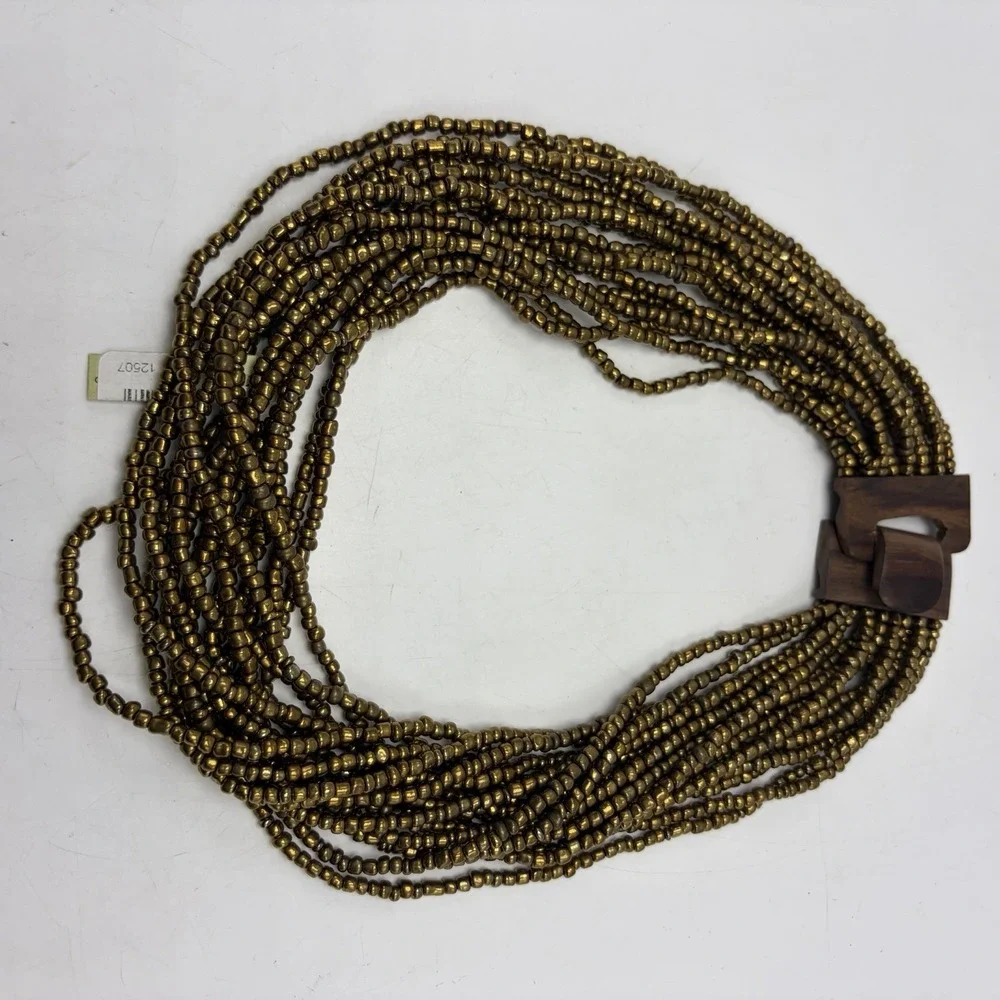 Statement Bronze Seed Bead Boho Necklace Bracelet Set Wood Clasp Multi New Gift